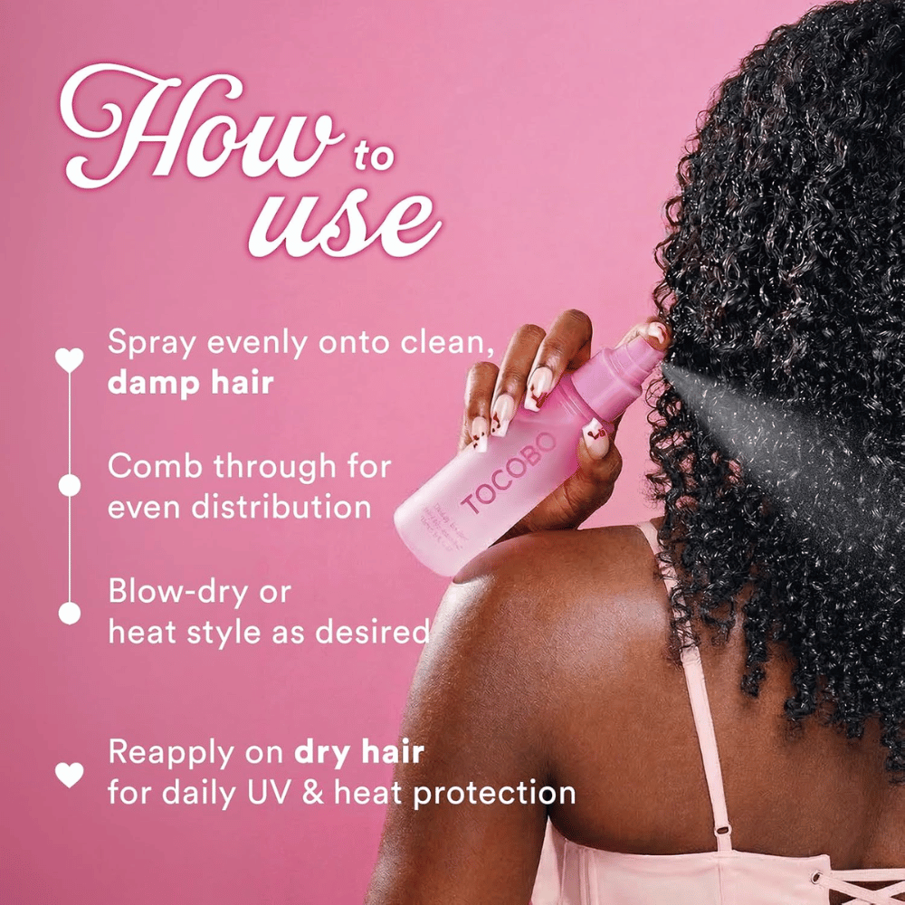 TOCOBO Heat Proof Hair Mist #01 Lowkey Famous – applicazione sui capelli umidi prima dell'asciugatura con phon e dello styling a caldo
