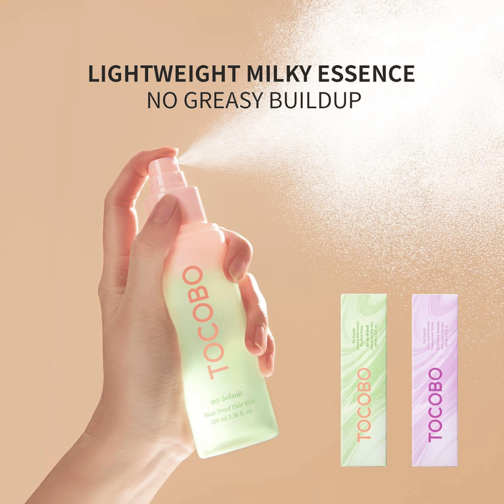 2. TOCOBO Heat Proof Hair Mist #02 My Default – hair mist leggermente lattiginoso che si vaporizza uniformemente senza rendere i capelli grassi o pesanti