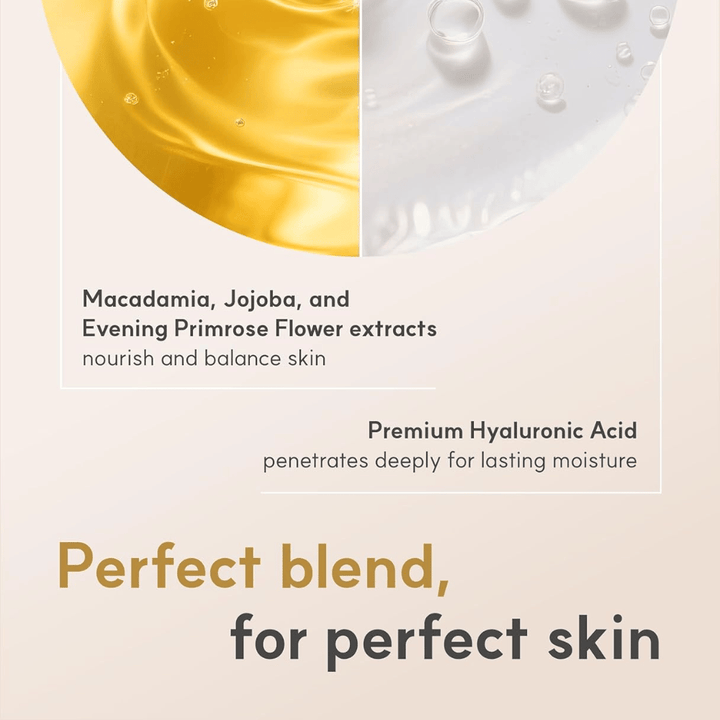 Immagine grafica degli ingredienti che mette in risalto olio di macadamia, olio di jojoba, olio di enotera e acido ialuronico.