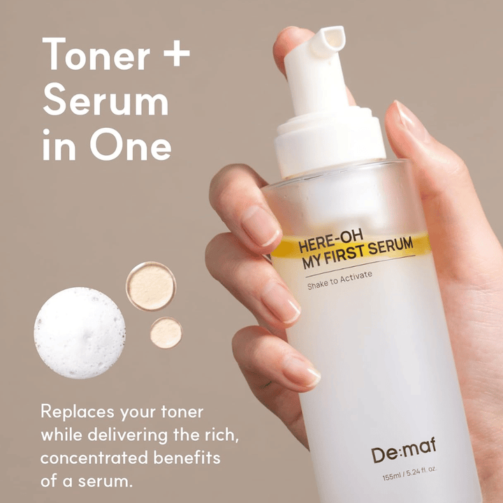 Mostra come il prodotto combina tonico viso e siero in un solo passaggio per una cura della pelle semplice ed efficace.