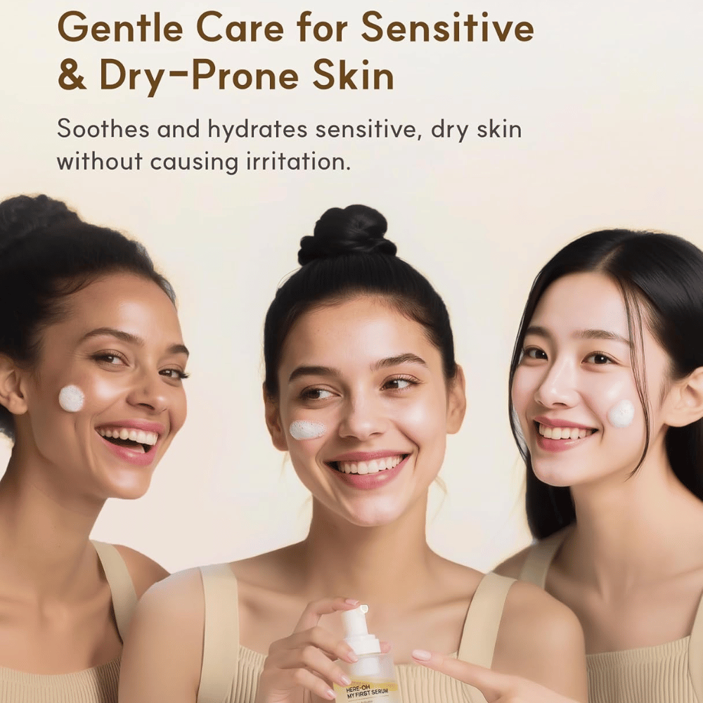 Immagine lifestyle con tre persone che applicano De:maf Here-Oh My First Serum.