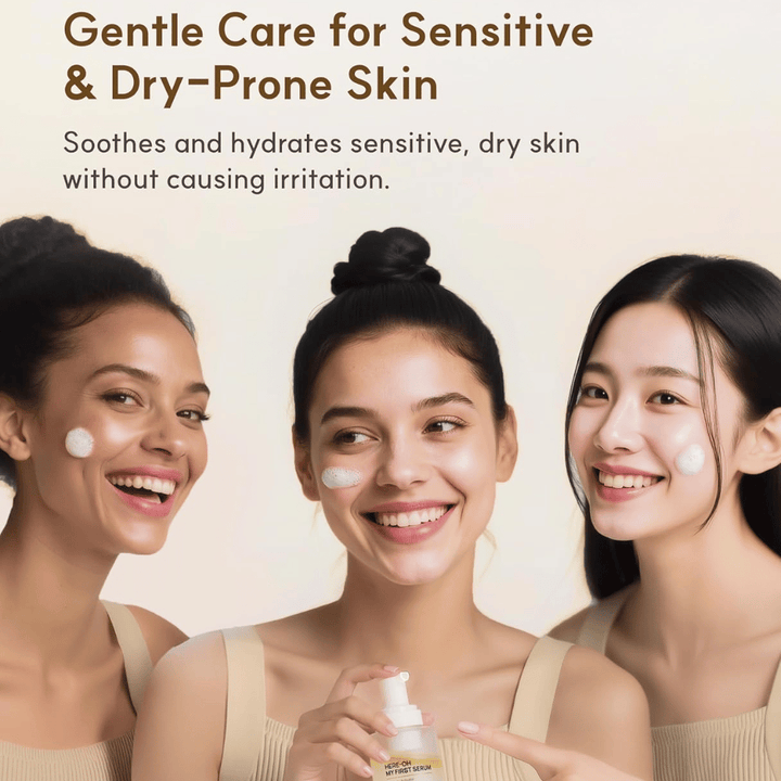 Immagine lifestyle con tre persone che applicano De:maf Here-Oh My First Serum.