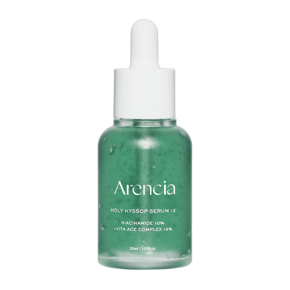 Arencia Holy Hyssop Serum 12 in flacone di vetro verde con pipetta, siero viso con niacinamide 10% e complesso vitaminico ACE 12%.