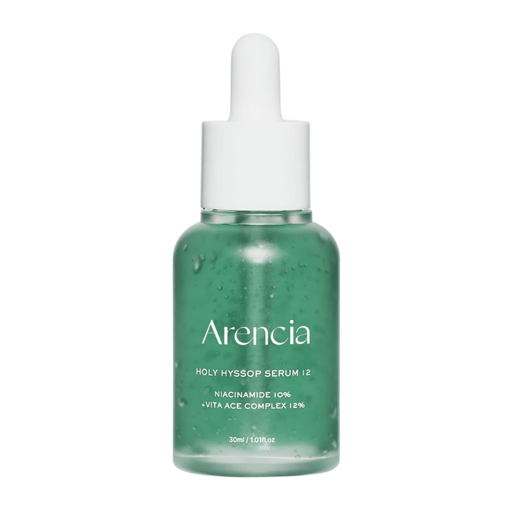 Arencia Holy Hyssop Serum 12 in flacone di vetro verde con pipetta, siero viso con niacinamide 10% e complesso vitaminico ACE 12%.