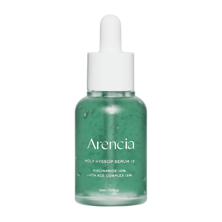 Arencia Holy Hyssop Serum 12 in flacone di vetro verde con pipetta, siero viso con niacinamide 10% e complesso vitaminico ACE 12%.