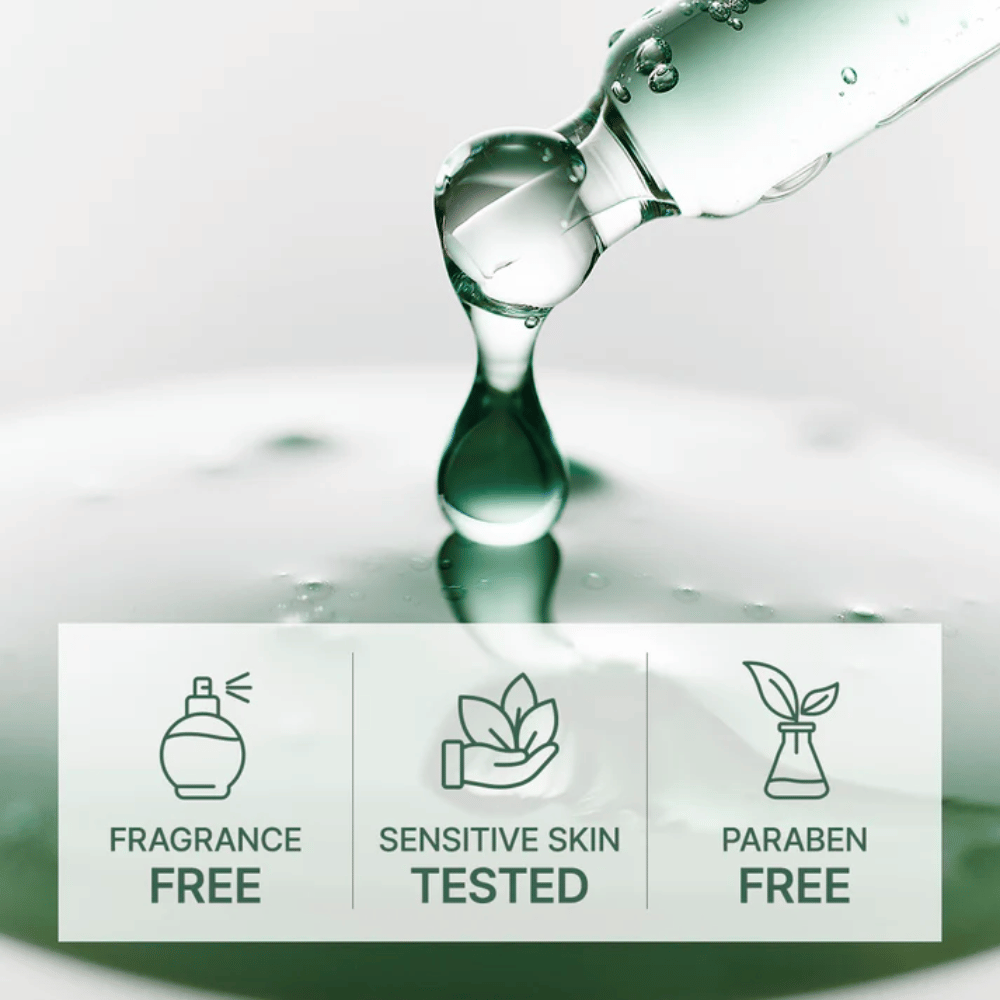 Siero gocciolante da pipetta con icone che mostrano formula senza profumo, testata per pelle sensibile e senza parabeni.