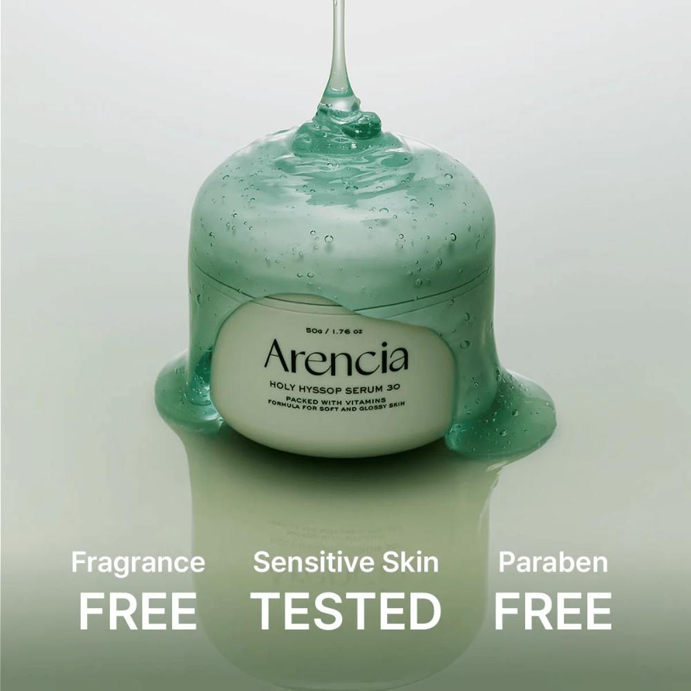 Arencia Holy Hyssop Serum 30 – gel siero nutriente con vitamine, privo di profumi e parabeni, testato dermatologicamente per pelli sensibili.