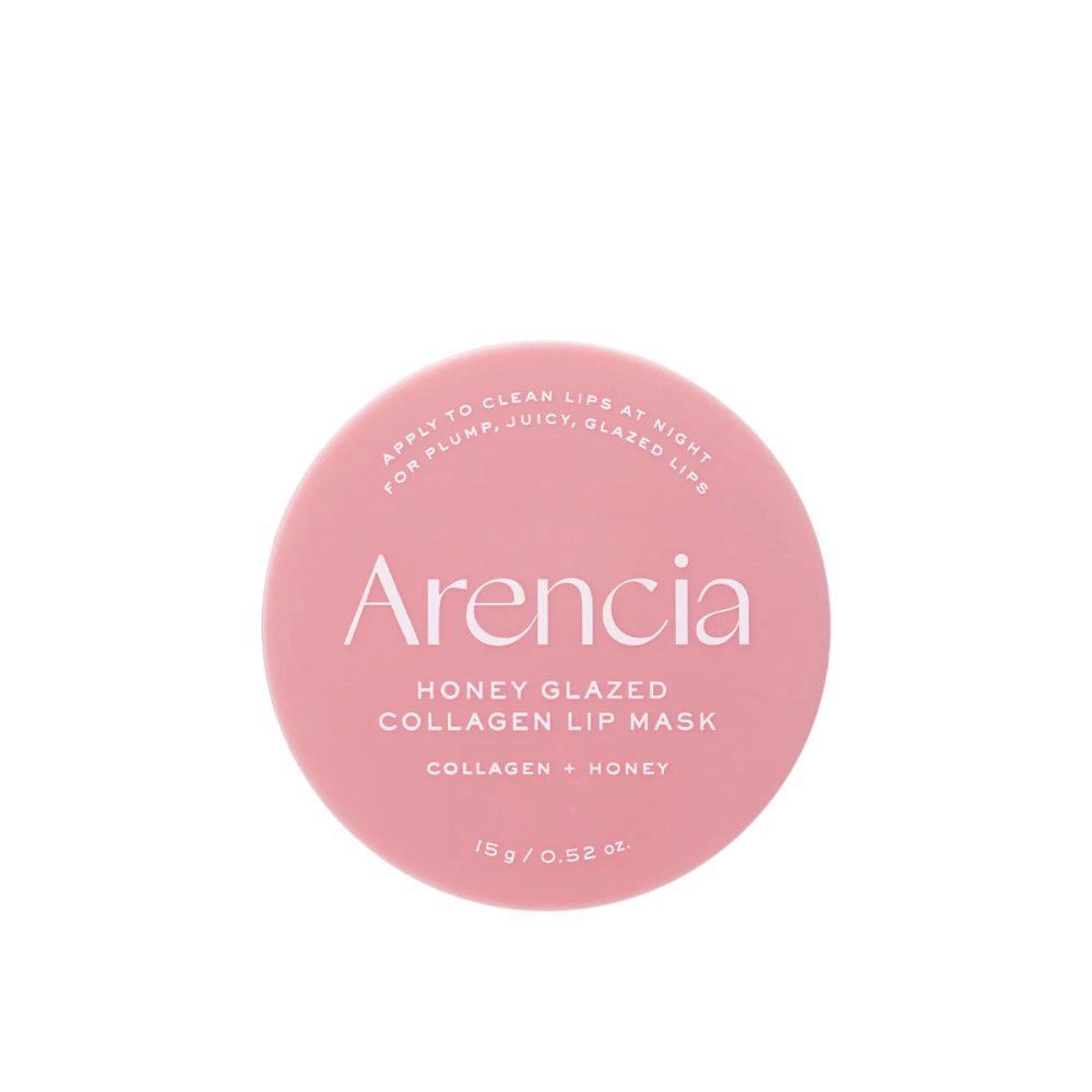 Immagine pulita del prodotto Arencia Honey Glazed Collagen Lip Mask in confezione rosa con design minimalista ed elegante.