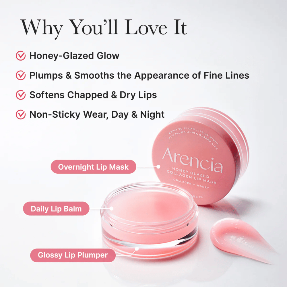 Immagine del prodotto con vasetto aperto e applicatore che evidenzia benefici come honey-glazed glow, labbra più morbide e un utilizzo piacevole sia di giorno che di notte.