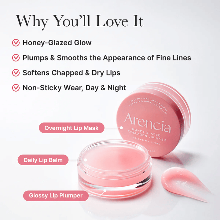 Immagine del prodotto con vasetto aperto e applicatore che evidenzia benefici come honey-glazed glow, labbra più morbide e un utilizzo piacevole sia di giorno che di notte.