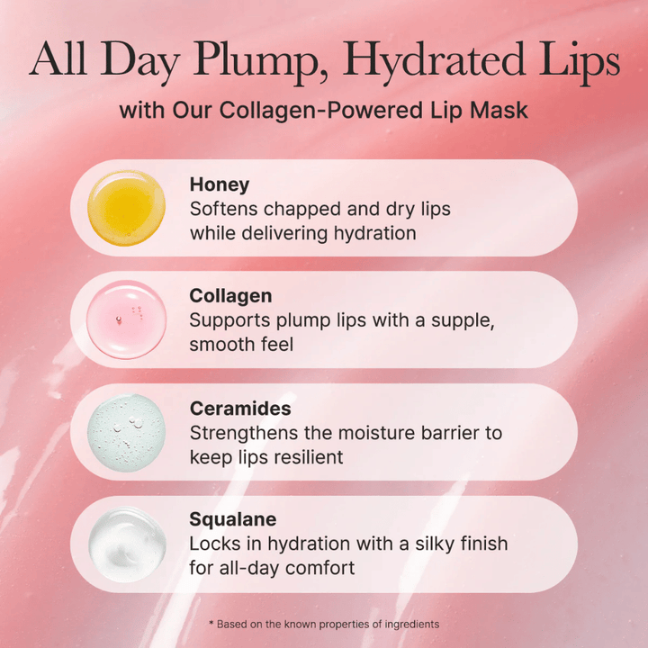 Panoramica degli ingredienti che mette in risalto miele, collagene, ceramidi e squalane per labbra morbide, piene e idratate con una finitura lucida.