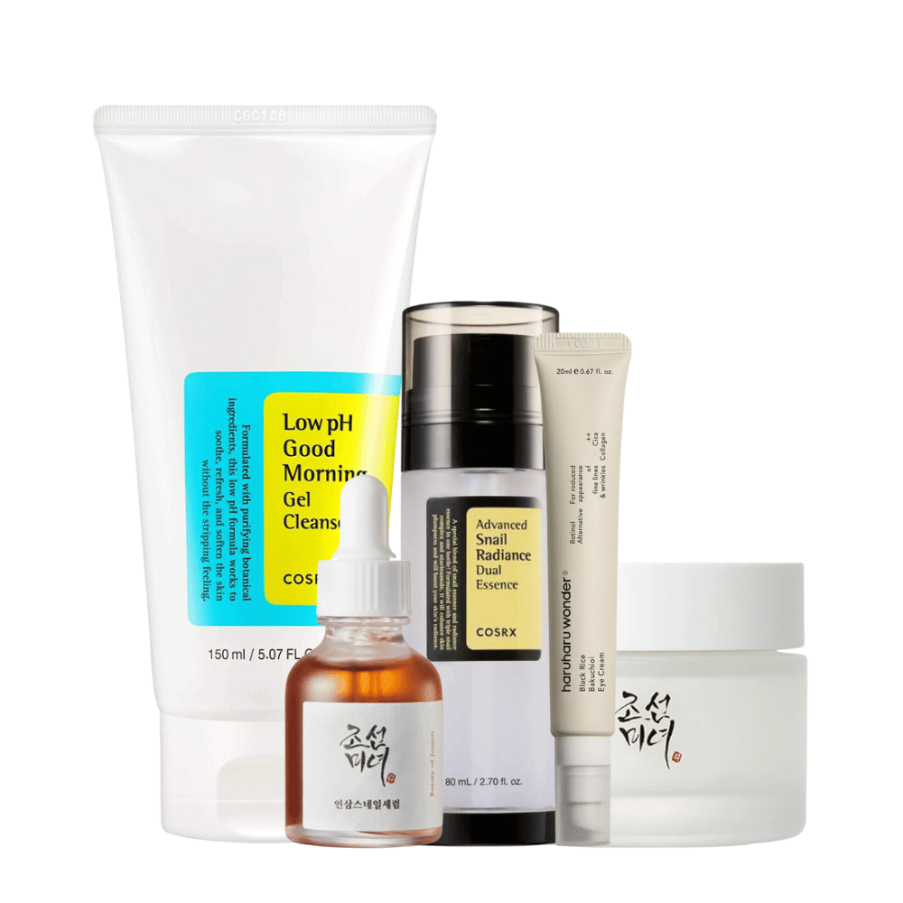 Una selezione di K-Beauty Mature Skin Time Revers Kit per segni di età su sfondo bianco.