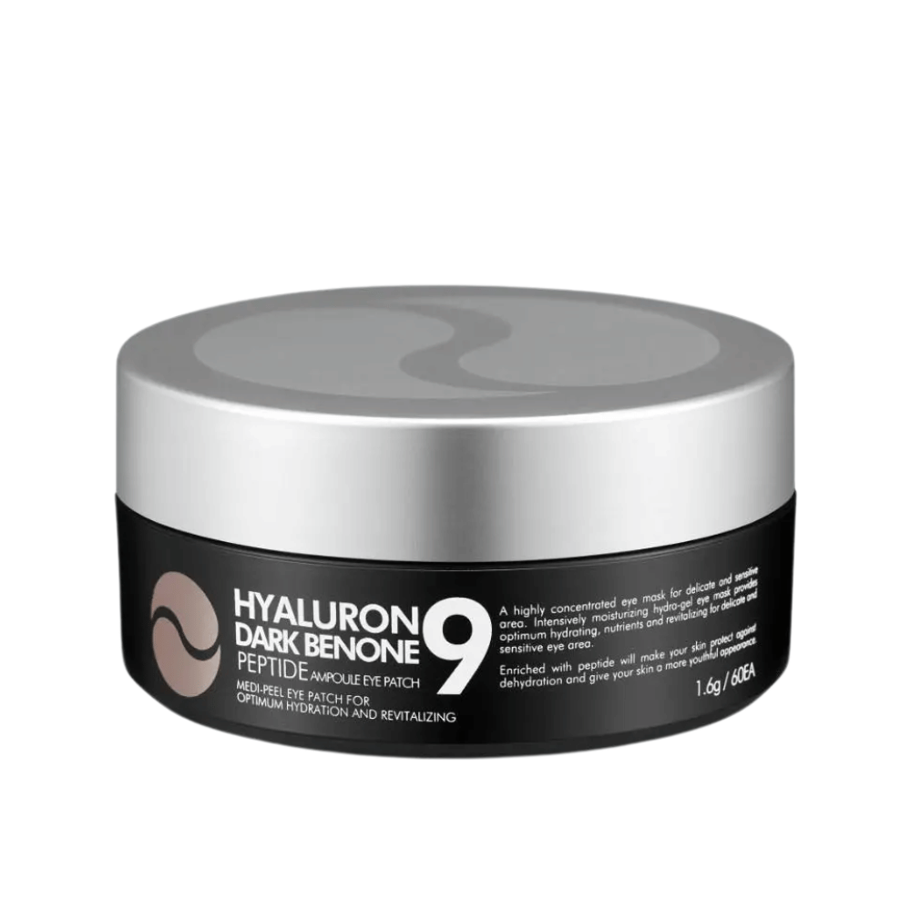 Hyaluron Dark Benone Peptide 9 Ampoule Eye Patch – maschera per occhi coreana in barattolo con peptidi e acido ialuronico per la cura intensiva della pelle secca e stanca intorno agli occhi.