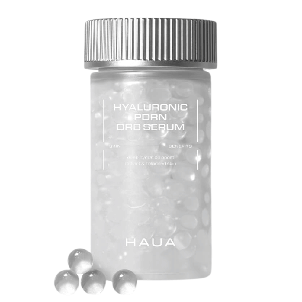 Immagine del prodotto di HAUA Hyaluronic PDRN Orb Serum su sfondo bianco. Il contenitore trasparente è riempito con sfere di siero e mette in risalto la formulazione incapsulata unica del prodotto.