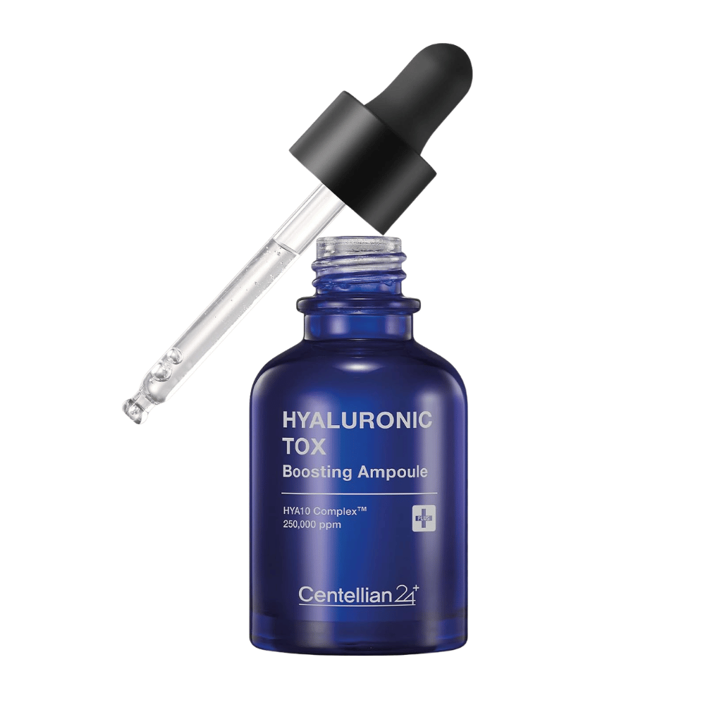 5. Centellian24 Hyaluronic Tox Boosting Ampoule – flacone di vetro blu con siero viso idratante e pipetta