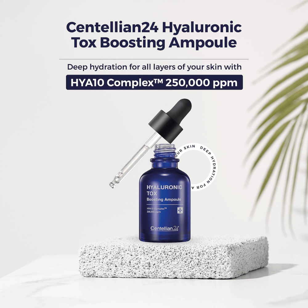 4. Centellian24 Hyaluronic Tox Boosting Ampoule – flacone di siero blu con pipetta e HYΑ10 Complex