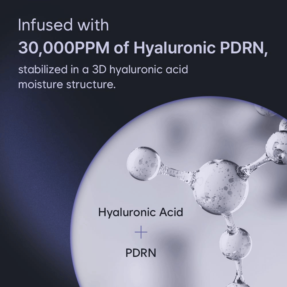 Illustrazione grafica dell'acido ialuronico e di PDRN in una struttura tridimensionale di idratazione. L'immagine evidenzia l'elevata concentrazione di Hyaluronic PDRN del prodotto e la sua tecnologia idratante.
