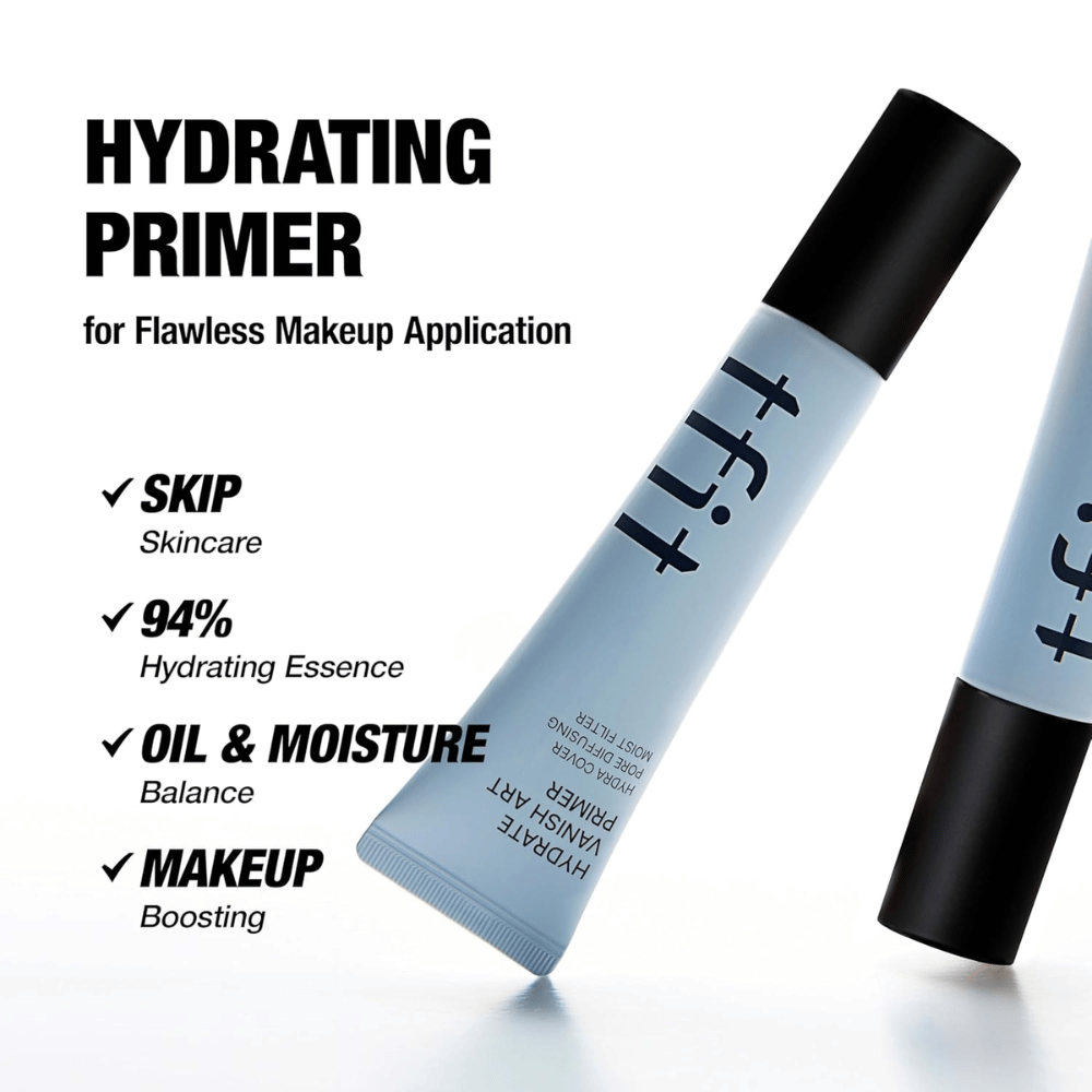 TFIT Hydrate Vanish Art Primer è mostrato con testo informativo sui benefici del prodotto, inclusi il 94% di essenza idratante e il bilanciamento dell'olio - sviluppato per una base trucco più uniforme.