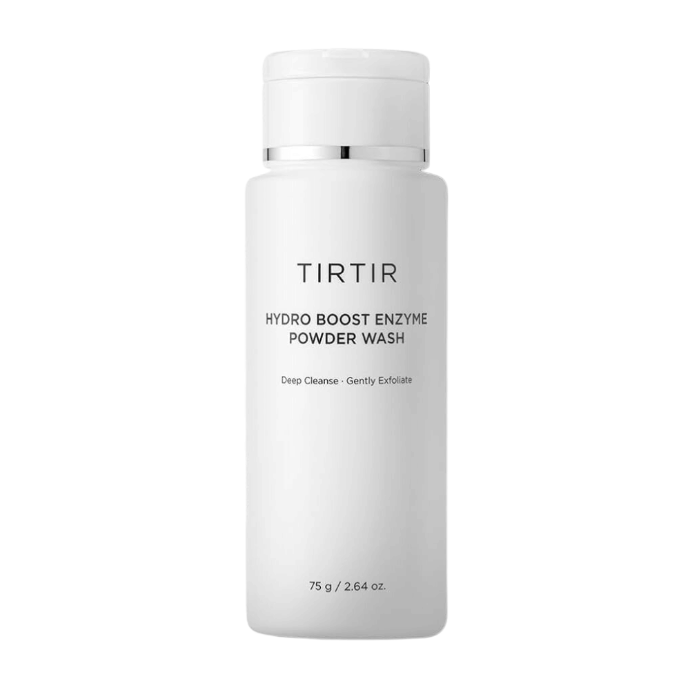 Una bottiglia bianca e liscia di TIRTIR Hydro Boost Enzyme Powder Wash. Il testo sulla bottiglia descrive il prodotto come un detergente viso che pulisce in profondità e esfolia delicatamente. La dimensione è indicata come 75 g / 2.64 oz.