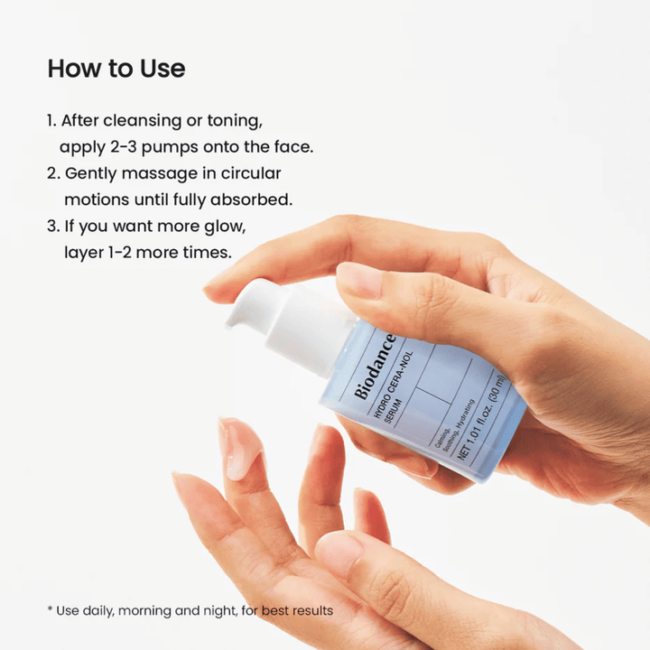 Dopo la pulizia o tonico viso, applica 2-3 pompate sul viso. Massaggia delicatamente con movimenti circolari fino a completo assorbimento del siero. Per una luminosità extra, applica 1-2 strati aggiuntivi. Usa mattina e sera.