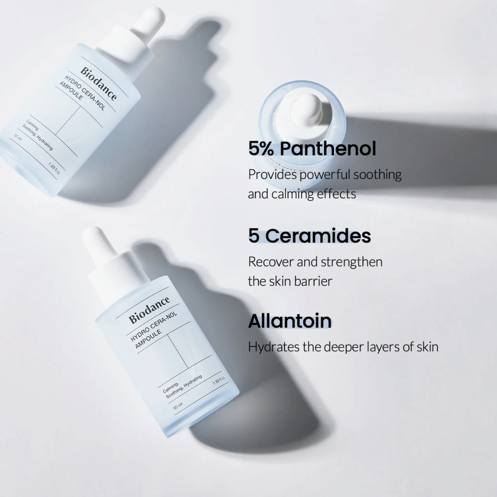 Biodance Hydro Cera-Nol Ampoule – Idratazione intensa e rafforzamento della barriera cutanea.

💙 5% Pantenolo – Lenisce e riduce l'irritazione della pelle.
🛡️ 5 Ceramidi – Ricostruisce e rafforza la barriera protettiva della pelle.
💧 Allantoina – Idratazione profonda per una pelle più morbida.

Perfetto per pelli sensibili e secche che necessitano di cure extra!