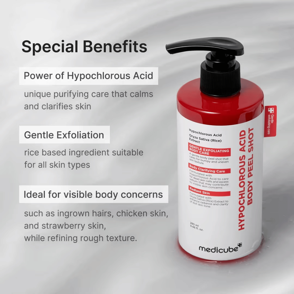 Immagine informativa per Medicube Hypochlorous Acid Body Peel Shot con focus su acido ipocloroso, esfoliazione delicata e cura per la pelle del corpo ruvida e irregolare.