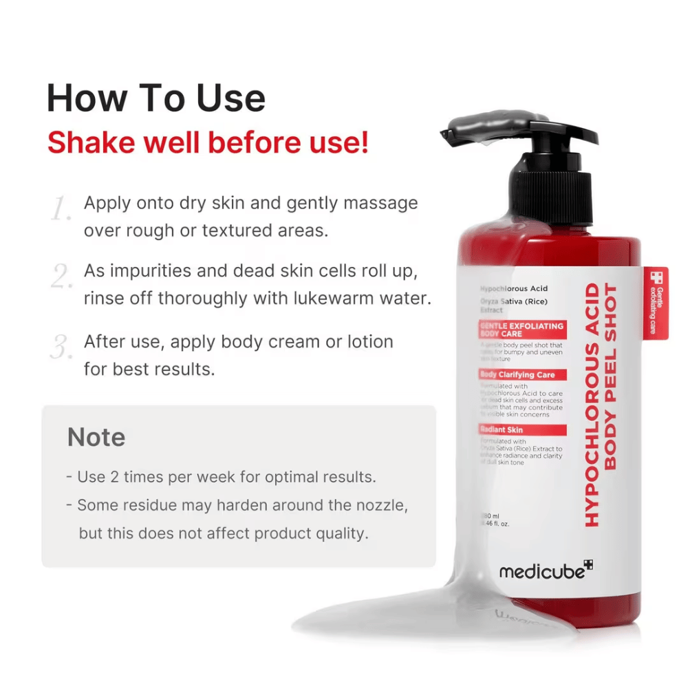 Immagine istruttiva per Medicube Hypochlorous Acid Body Peel Shot che mostra come utilizzare il peeling corpo passo dopo passo per esfoliare e ottenere una pelle più morbida.