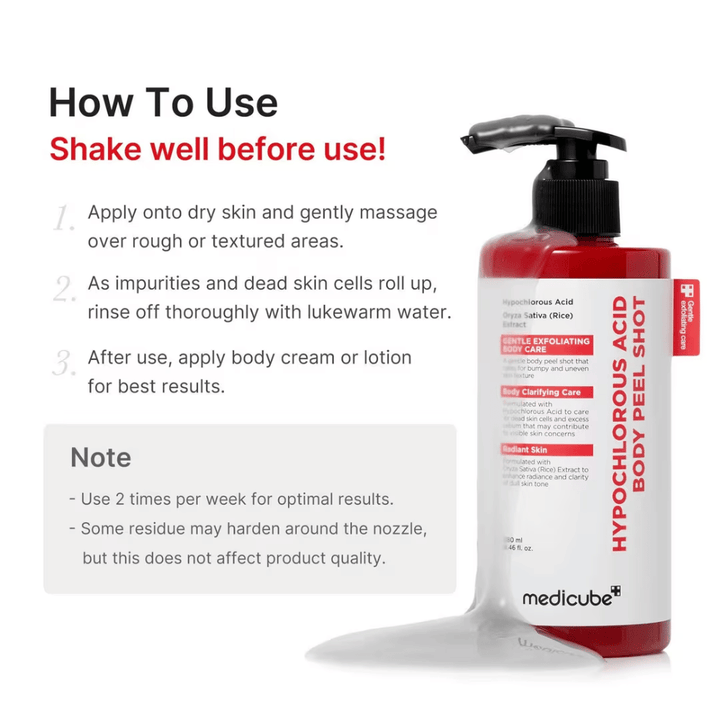 Immagine istruttiva per Medicube Hypochlorous Acid Body Peel Shot che mostra come utilizzare il peeling corpo passo dopo passo per esfoliare e ottenere una pelle più morbida.