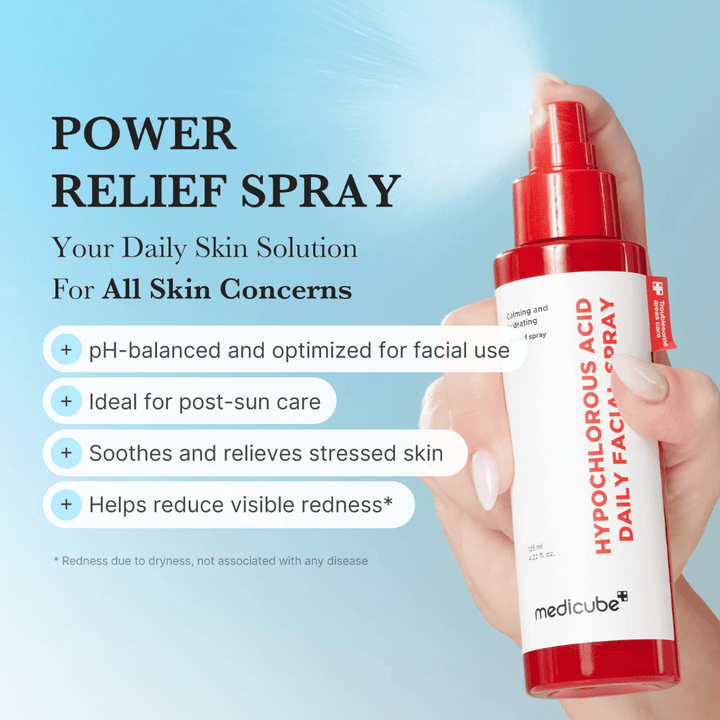 Immagine promozionale con sfondo blu in cui lo spray viene tenuto in una mano durante l’uso. L’immagine evidenzia gli ambiti di utilizzo del prodotto, come bilanciare il pH della pelle, offrire cura dopo l’esposizione al sole, lenire la pelle stressata e ridurre il rossore visibile.