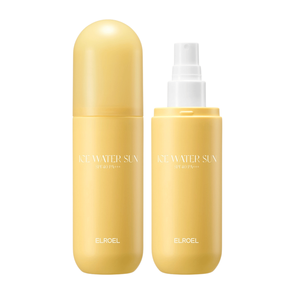 ELROEL Ice Water Sun Mist SPF 40 PA+++ immagine del prodotto con flacone chiuso e aperto che mostra un design pratico per una facile applicazione della protezione solare in spray