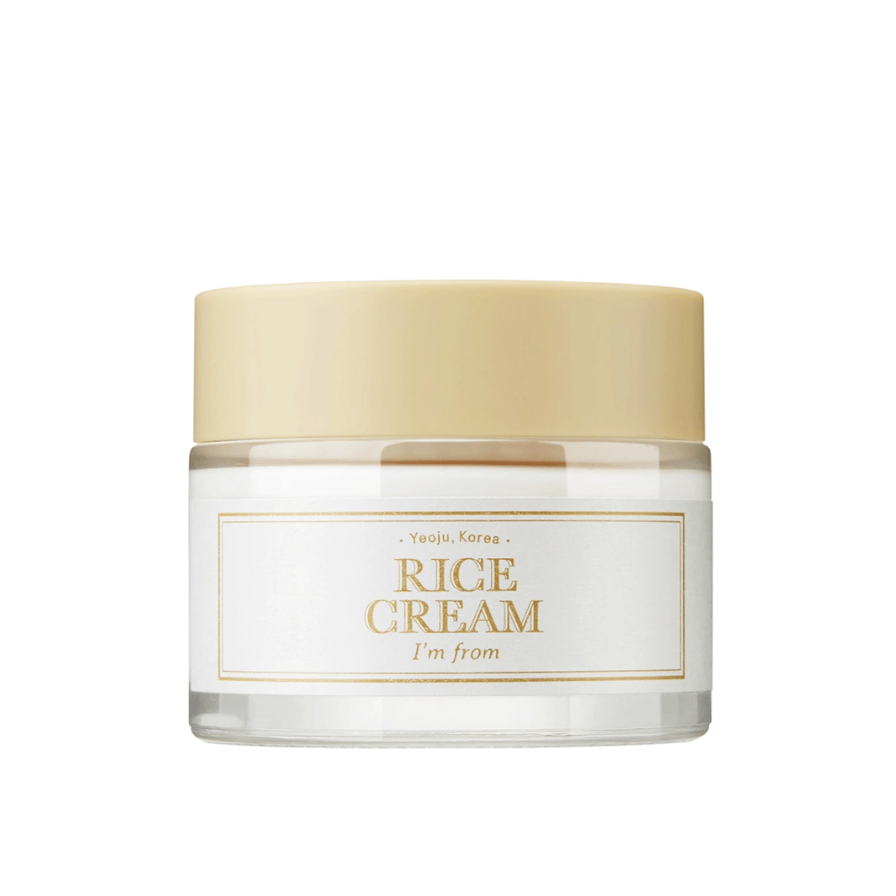 Un barattolo con il testo "RICE CREAM" e "I'm from" e un riferimento a "Yeoju, Corea" sull'etichetta.