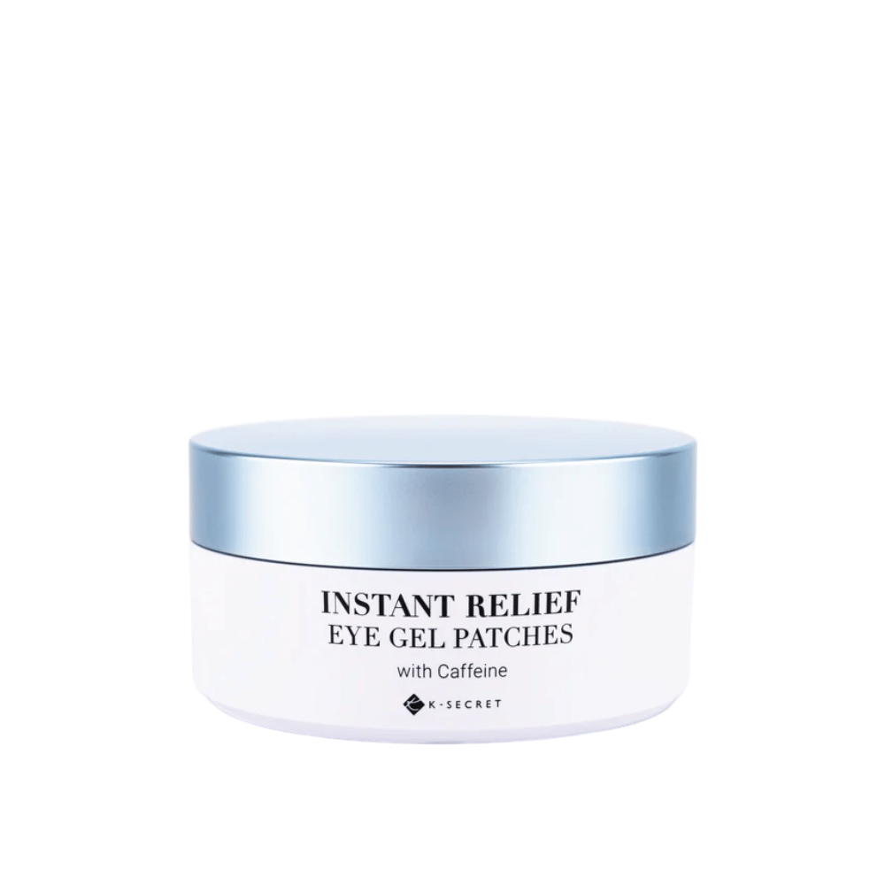 Barattolo con K-Secret Instant Relief Eye Gel Patches con caffeina e coperchio blu.