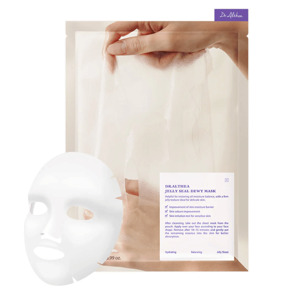 Dr.Althea Jelly Seal Dewy Mask – una maschera in tessuto idratante con una consistenza simile al gel che rafforza la barriera idratante della pelle, bilancia la produzione di sebo e calma la pelle sensibile.