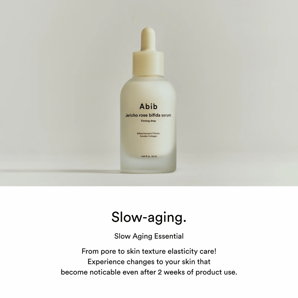Immagine minimalista del prodotto Abib Jericho Rose Bifida Serum Firming Drop con focus sullo slow-aging e sull'elasticità della pelle.