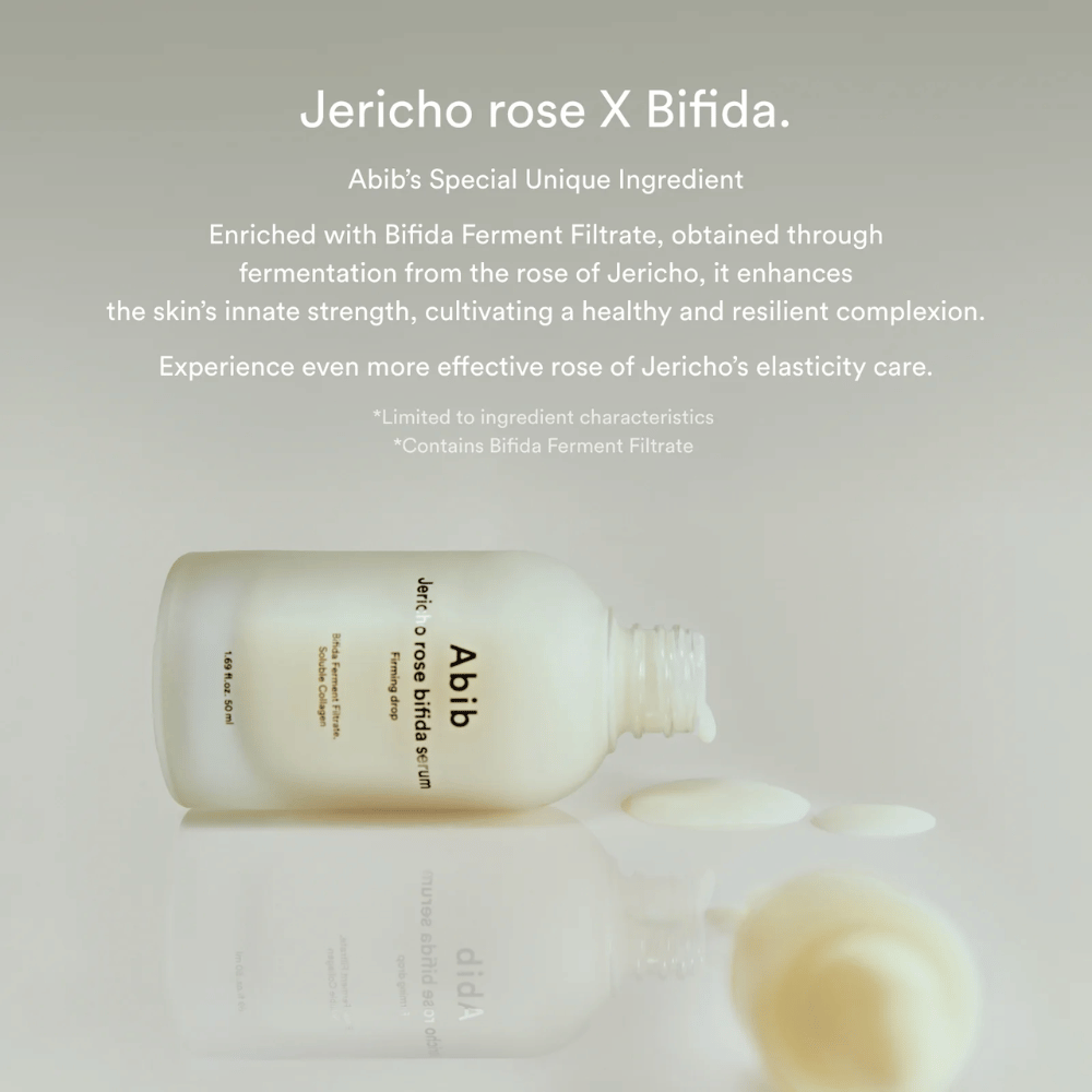 Immagine informativa che evidenzia la combinazione di Rosa di Gerico e Bifida Ferment Filtrate per una pelle più forte ed elastica.