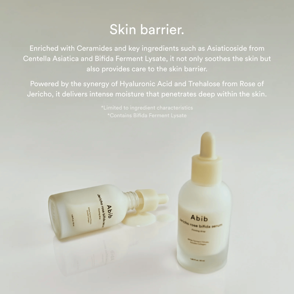Immagine del prodotto Abib Jericho Rose Bifida Serum insieme a informazioni sulla barriera cutanea, le ceramidi e l'idratazione intensiva.