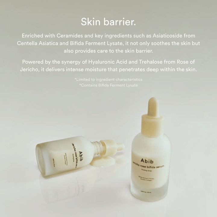 Immagine del prodotto Abib Jericho Rose Bifida Serum insieme a informazioni sulla barriera cutanea, le ceramidi e l'idratazione intensiva.