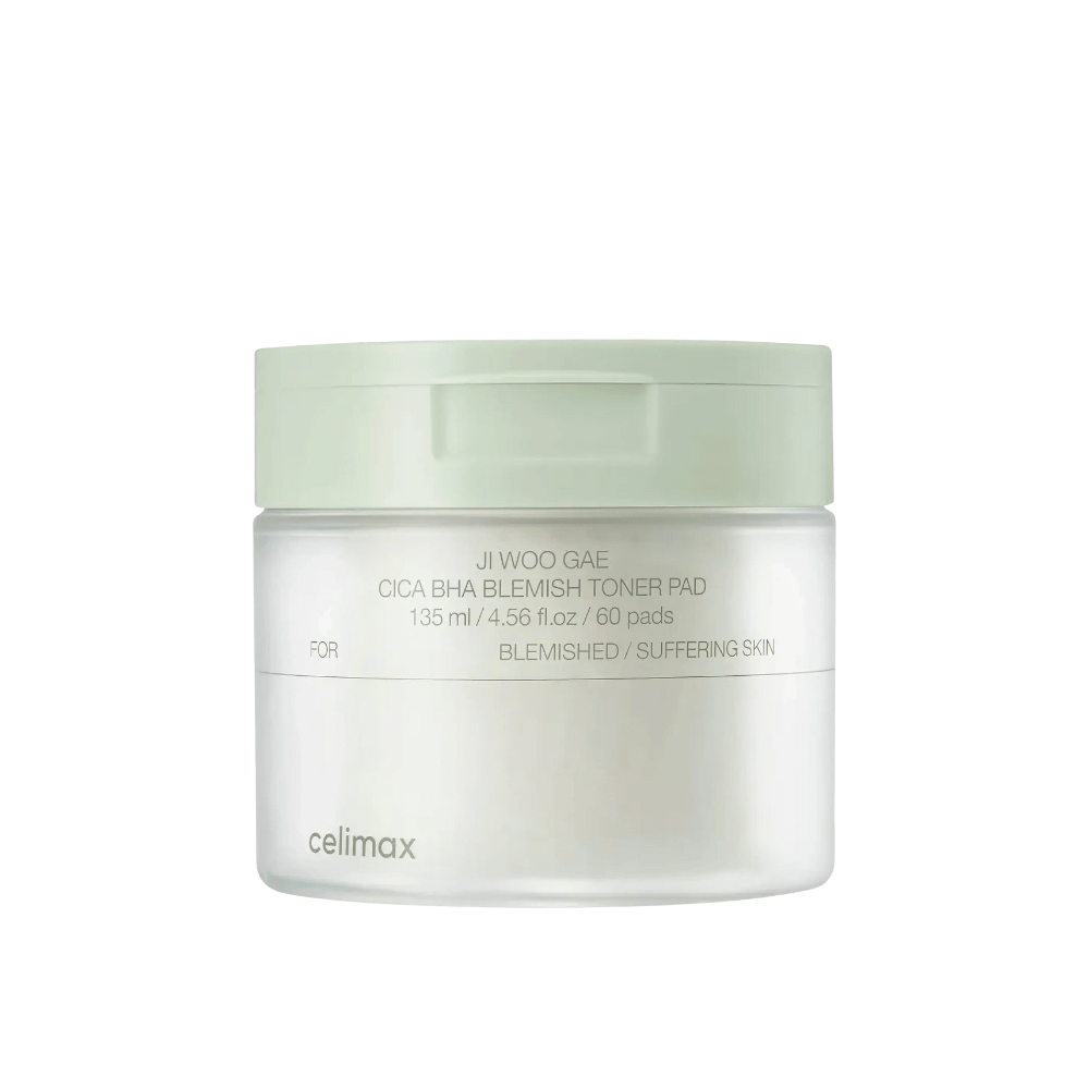 Immagine del prodotto di Celimax Ji Woo Gae Cica BHA Blemish Toner Pad 135 ml con 60 tamponi per pelle sensibile e soggetta ad acne.