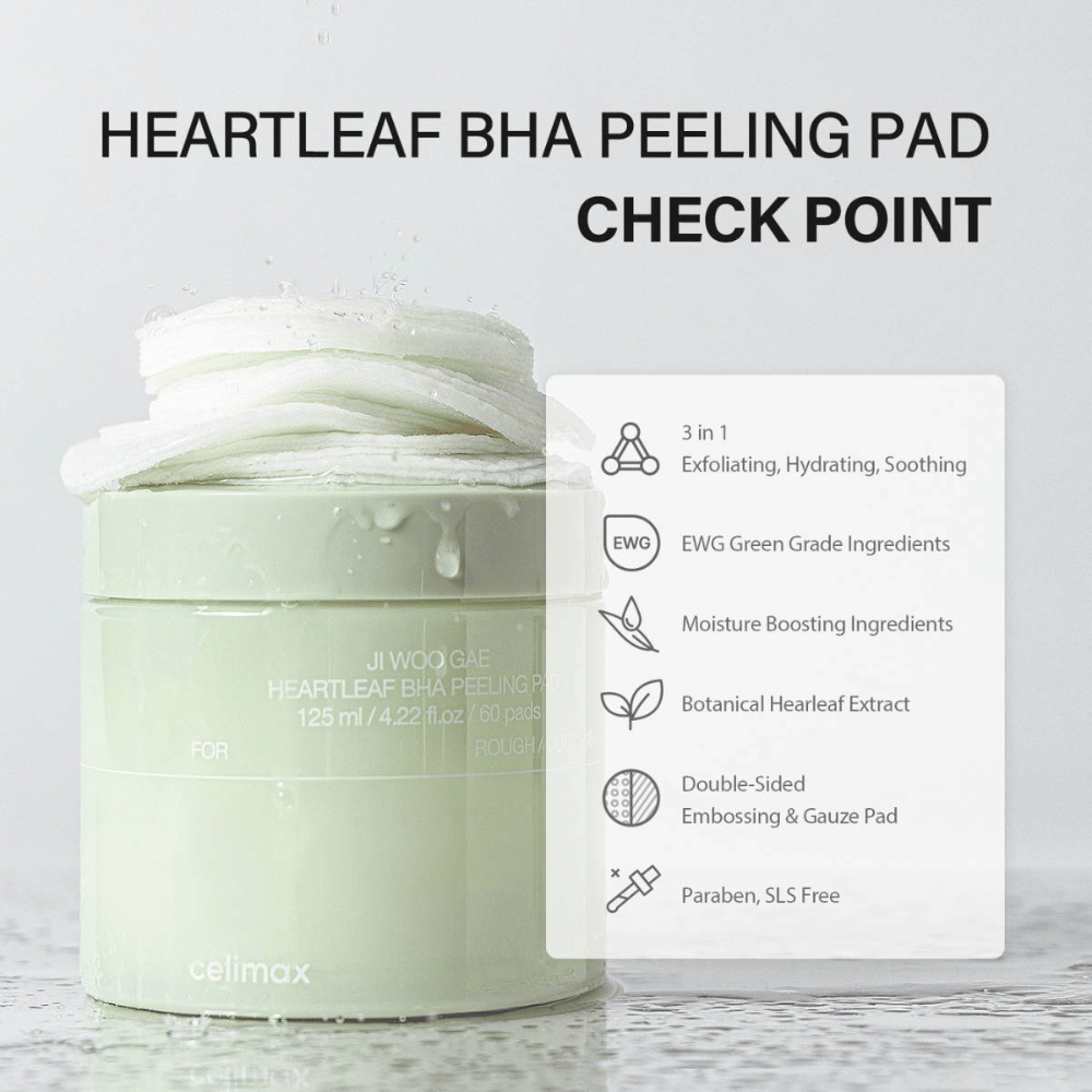 Celimax Ji Woo Gae Heartleaf BHA Peeling Pad è un prodotto multifunzionale che esfolia, idrata e lenisce la pelle. Con una classificazione verde EWG, contiene ingredienti idratanti ed estratto di foglia di cuore botanico.