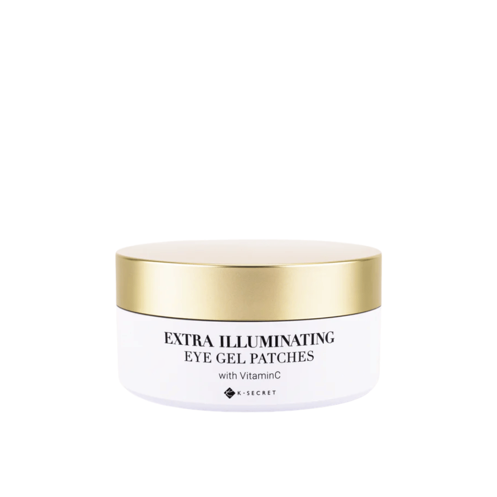 Barattolo con K-Secret Extra Illuminating Eye Gel Patches con vitamina C e tappo dorato.