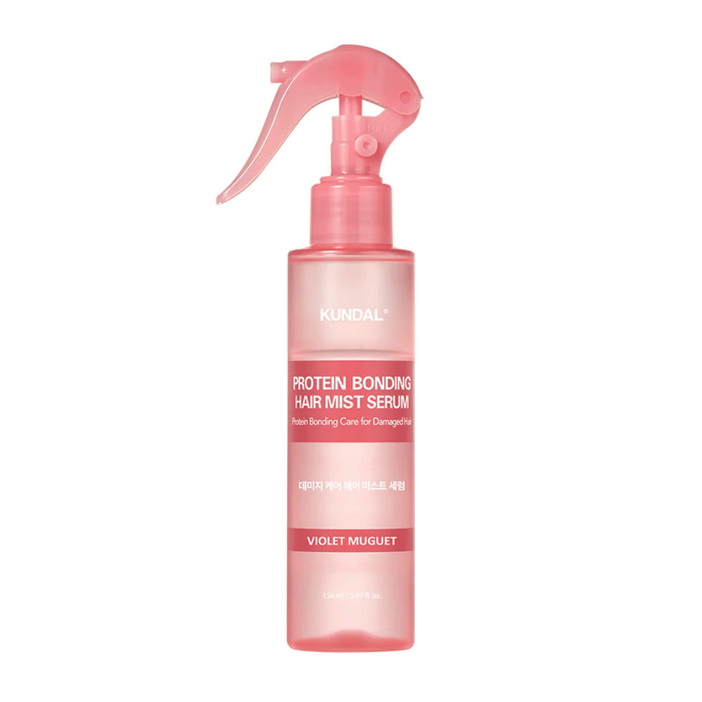 KUNDAL Protein Bonding Hair Mist Serum Violet Muguet in flacone spray rosa, 150 ml, per capelli danneggiati con effetto rinforzante e ricostruttivo.