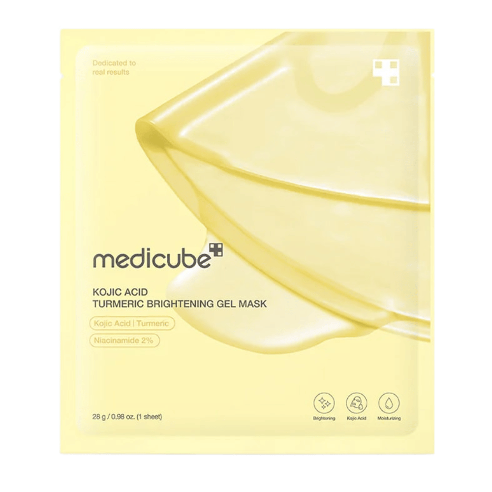 Medicube Kojic Acid Turmeric Brightening Gel Mask – confezione gialla con immagine di gel mask e marcature chiare degli ingredienti.