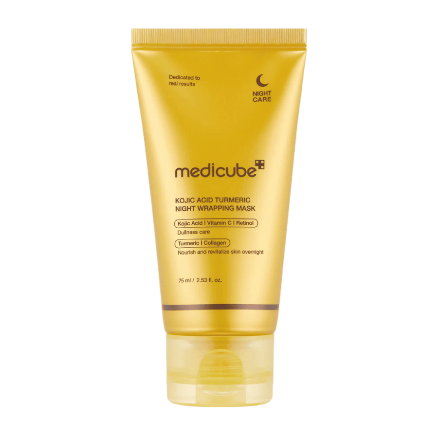 Medicube Kojic Acid Turmeric Night Wrapping Mask 75 ml in confezione color oro con acido cogico, curcuma, vitamina C e collagene per una cura notturna illuminante.