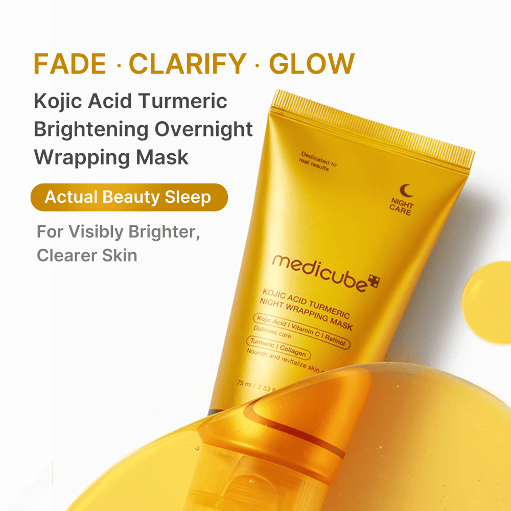 Medicube Kojic Acid Turmeric Night Wrapping Mask in tubo color oro per la cura notturna della pelle che aiuta a rendere la pelle più chiara, uniforme e luminosa.