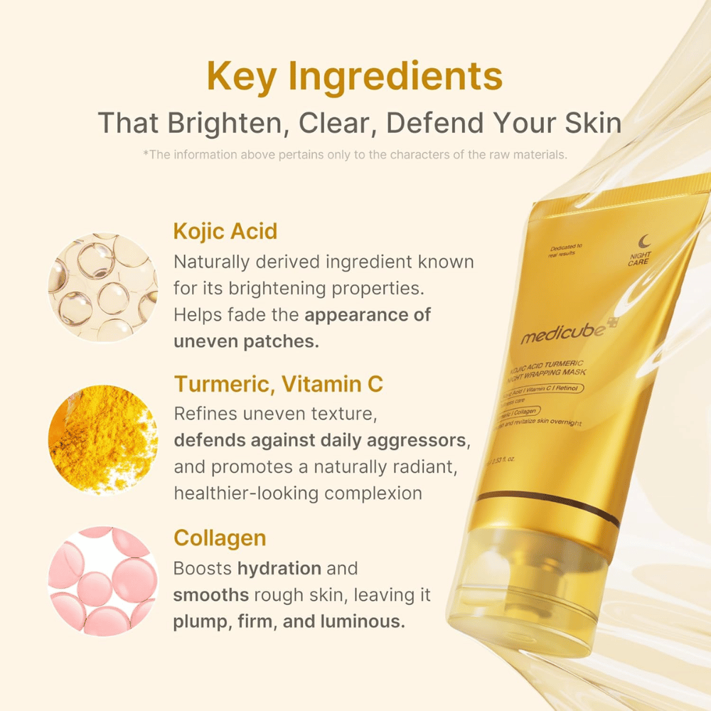 Medicube Kojic Acid Turmeric Night Wrapping Mask con acido cogico, curcuma, vitamina C e collagene per luminosità, idratazione e un incarnato più uniforme.