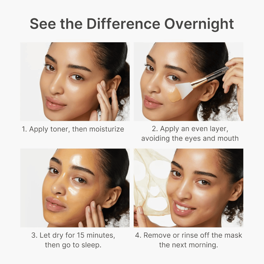 Medicube Kojic Acid Turmeric Night Wrapping Mask si applica come maschera notturna in quattro fasi per una pelle più chiara, uniforme e luminosa durante la notte.