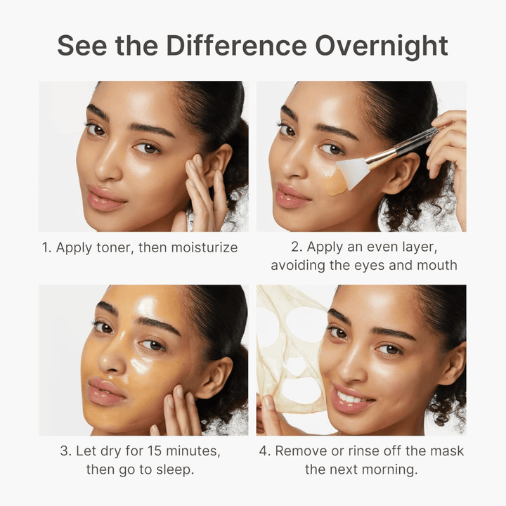 Medicube Kojic Acid Turmeric Night Wrapping Mask si applica come maschera notturna in quattro fasi per una pelle più chiara, uniforme e luminosa durante la notte.