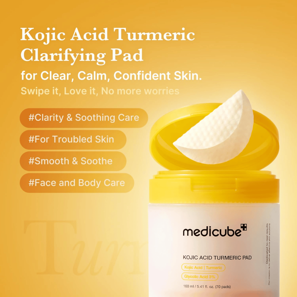 Immagine promozionale per Medicube Kojic Acid Turmeric Pad che mette in risalto dischetti esfolianti per una pelle più luminosa, trattamento lenitivo e utilizzo sia sul viso che sul corpo.