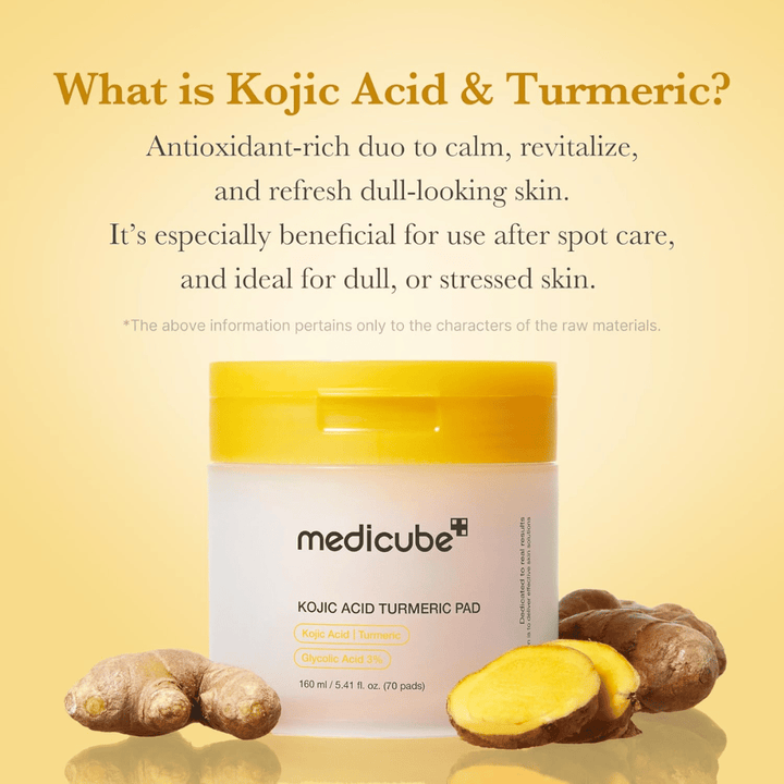 Immagine informativa per Medicube Kojic Acid Turmeric Pad con focus su acido cogico e curcuma come ingredienti ricchi di antiossidanti per luminosità, effetto lenitivo e pelle rinfrescata.