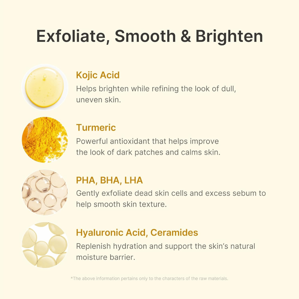 Medicube Kojic Acid Turmeric Peel Shot con acido cogico, curcuma, PHA, BHA, LHA, acido ialuronico e ceramidi.
